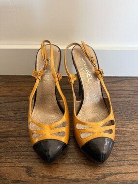 Chanel Gold Patent Leather Black Cap-Toe Slingback Heels, Size 39